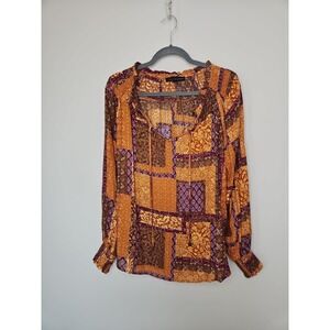 Jane + Delancey Blouse L Purple Brown Boho Floral Patchwork Prairie Smocked Top
